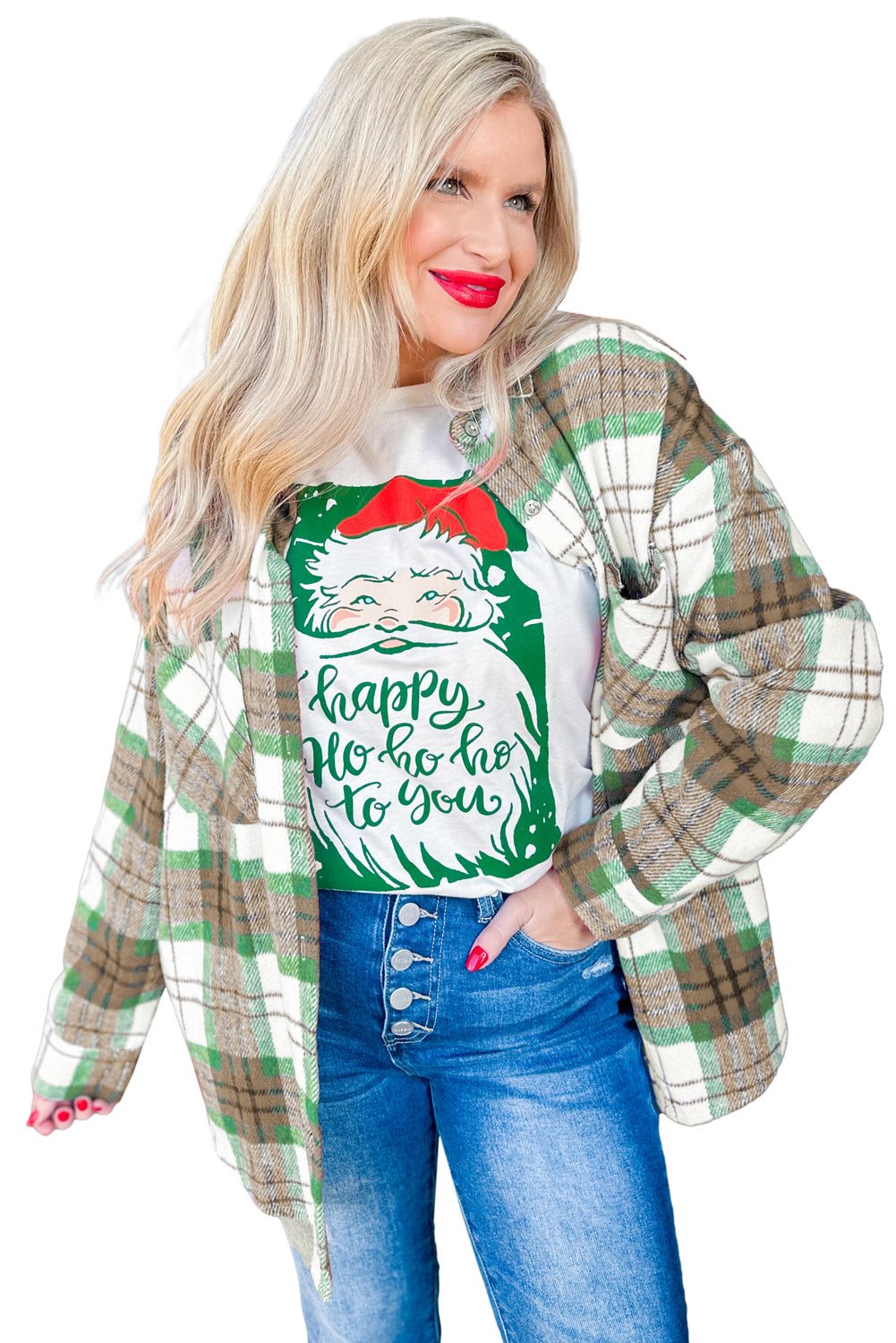 Rose Christmas Plaid Casual Flannel Shacket