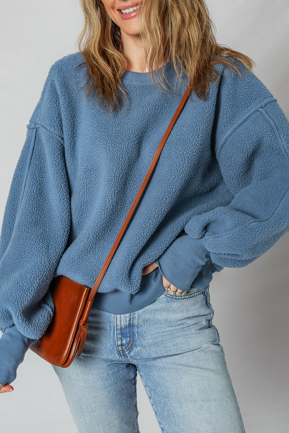 Sail Blue Fleece Drop Shoulder Exposed Seam Patchwork Sweatshirt
