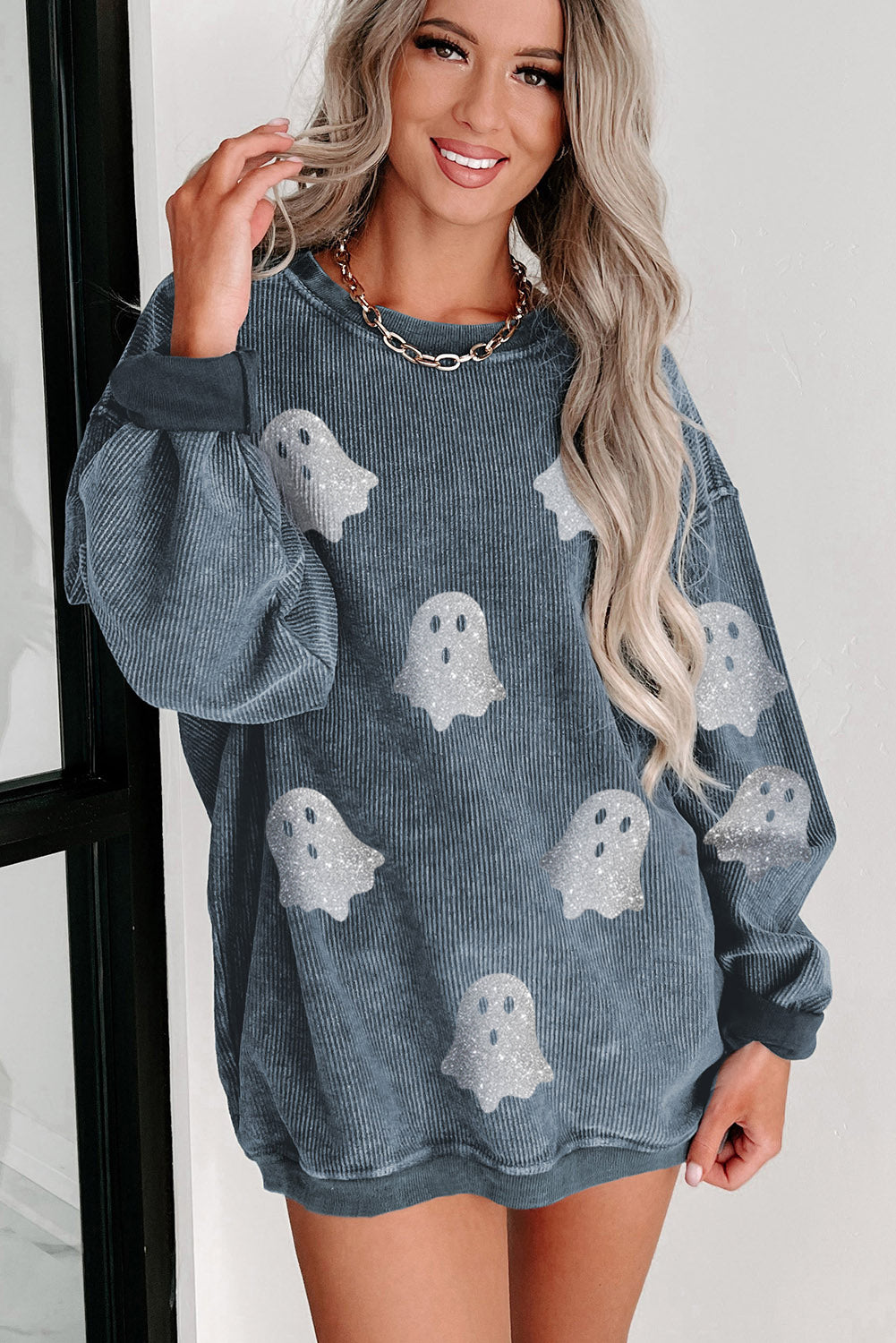 Pink Halloween Ghost Corded Crew Neck Loose Sweatshirt
