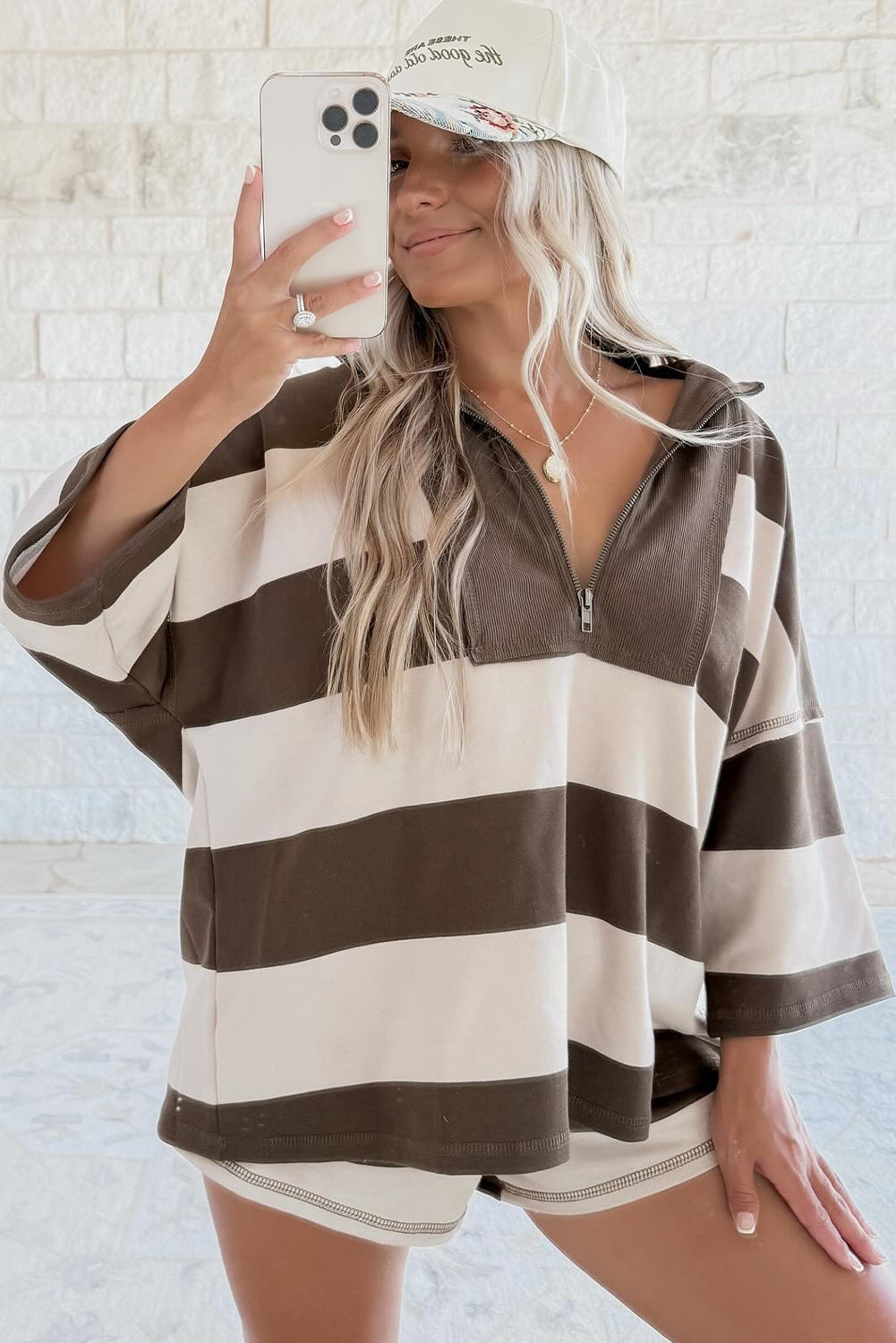 Brown Striped Color Block Zip Collar 3/4 Sleeve Oversize Sweatshirt