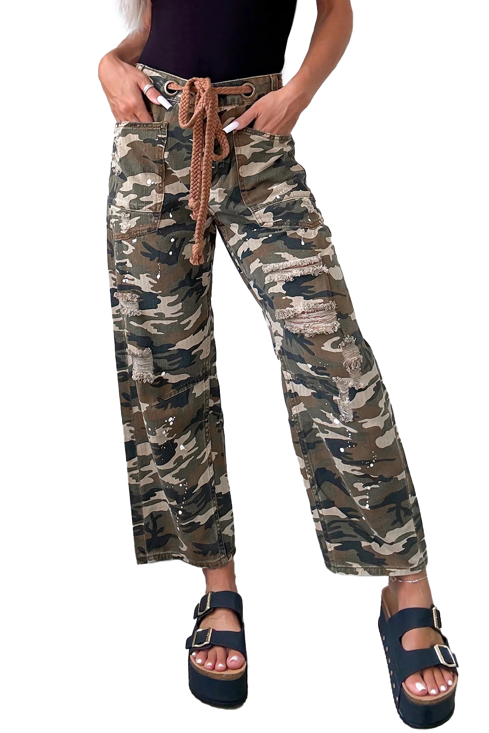 Green Camouflage Print Splashed Distressed Loose Denim Pants