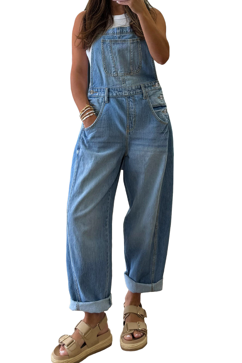 Dusk Blue Adjustable Buckle Straps Straight Leg Denim Overalls