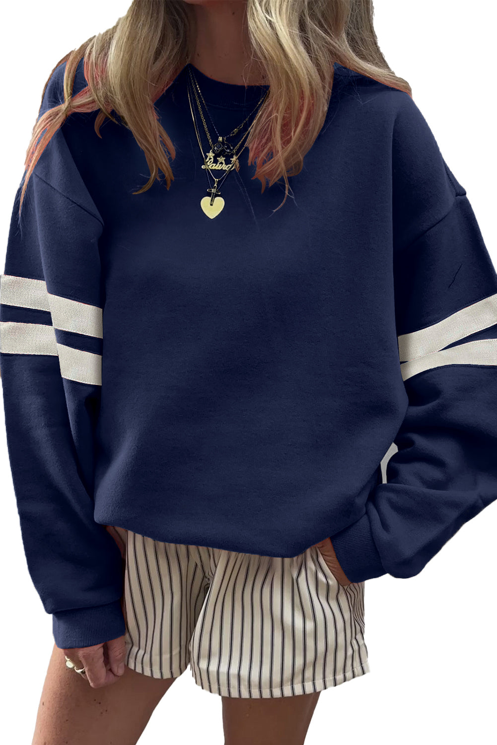 Evergreen Preppy Striped Sleeve Loose Sweatshirt