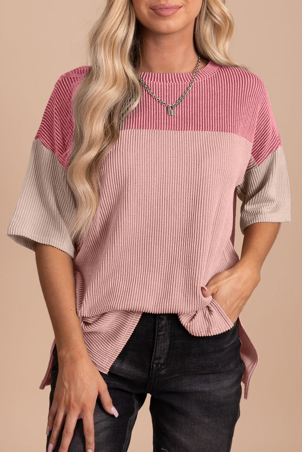 Black Color Block Ribbed Side Slits Half Sleeve Top