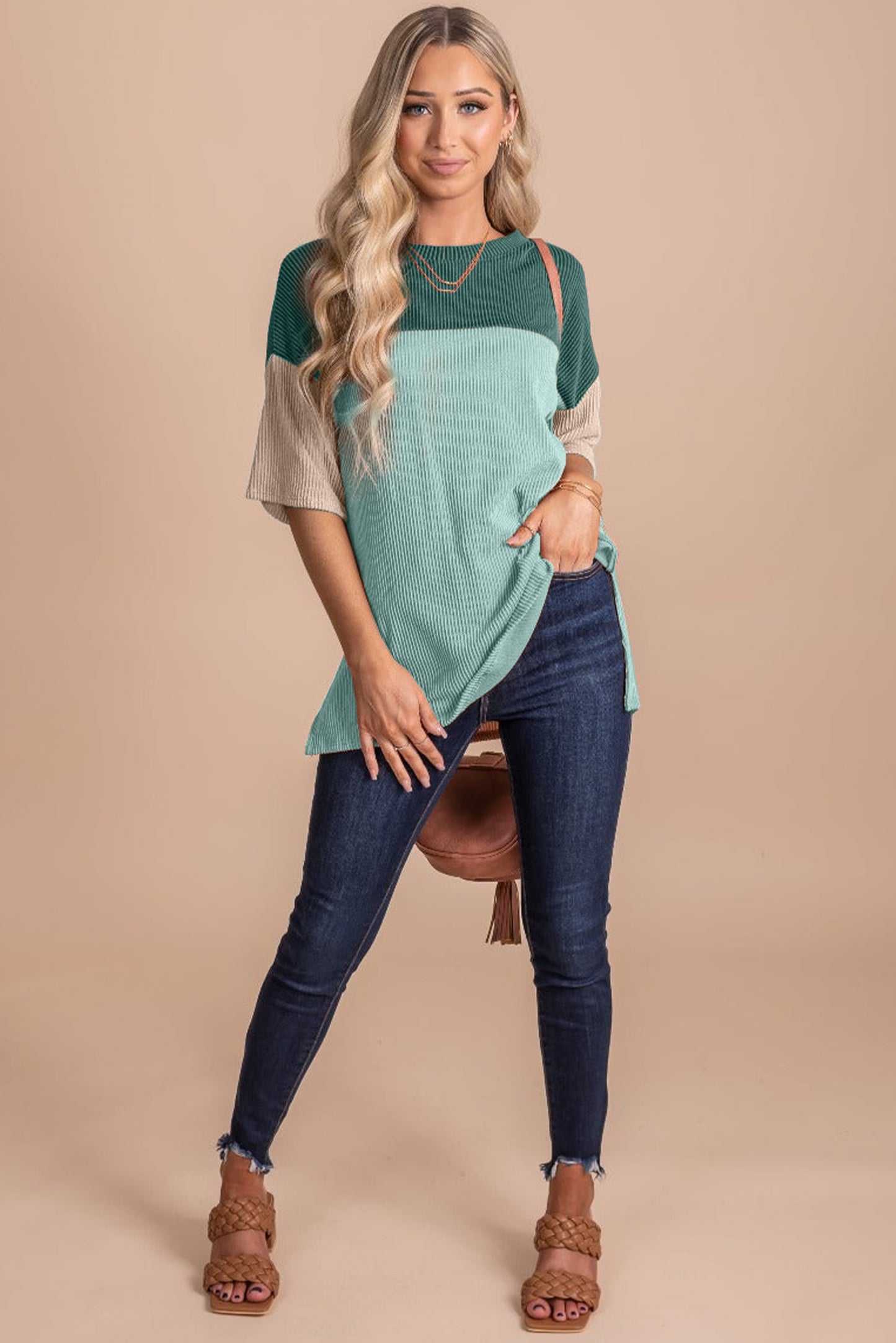 Black Color Block Ribbed Side Slits Half Sleeve Top