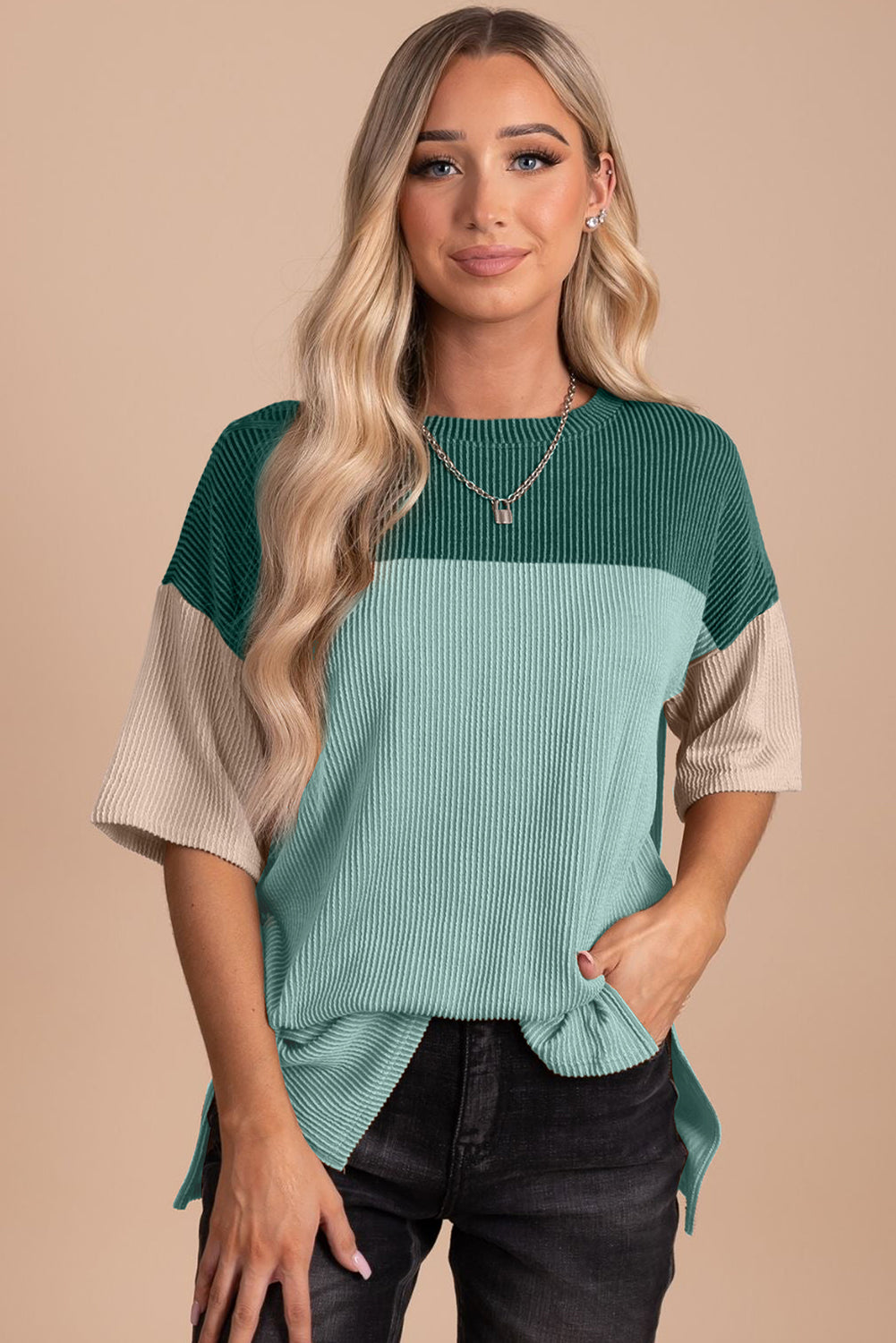 Black Color Block Ribbed Side Slits Half Sleeve Top