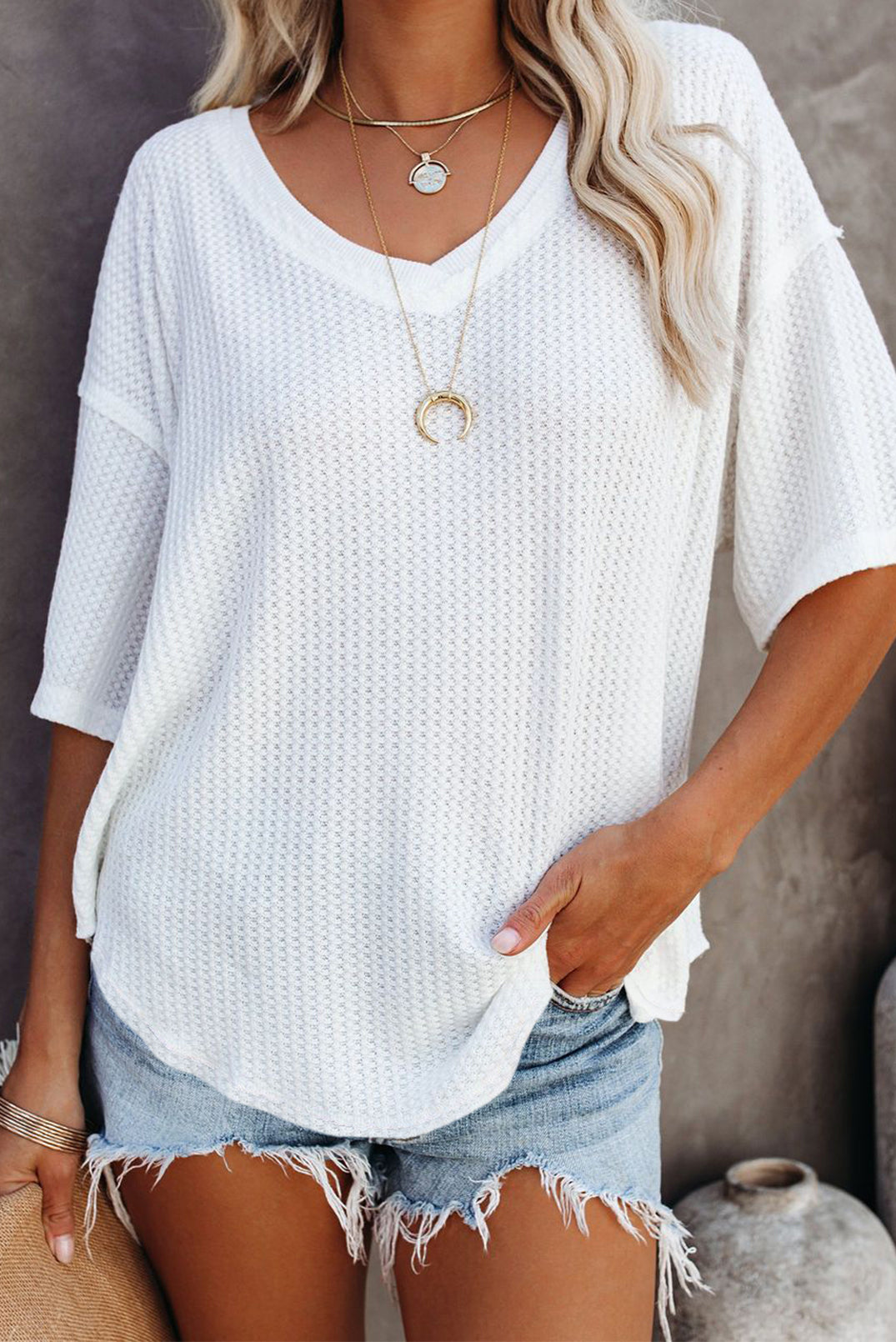 Black Exposed Seam Drop Sleeve V Neck Waffle Textured Top