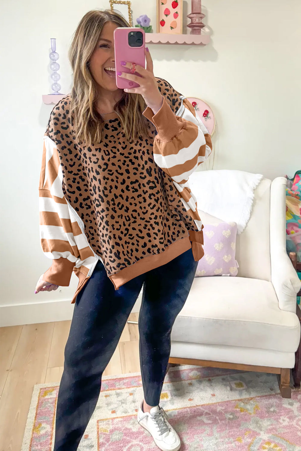 Purple Striped Leopard Colorblock Side Slits Sweatshirt