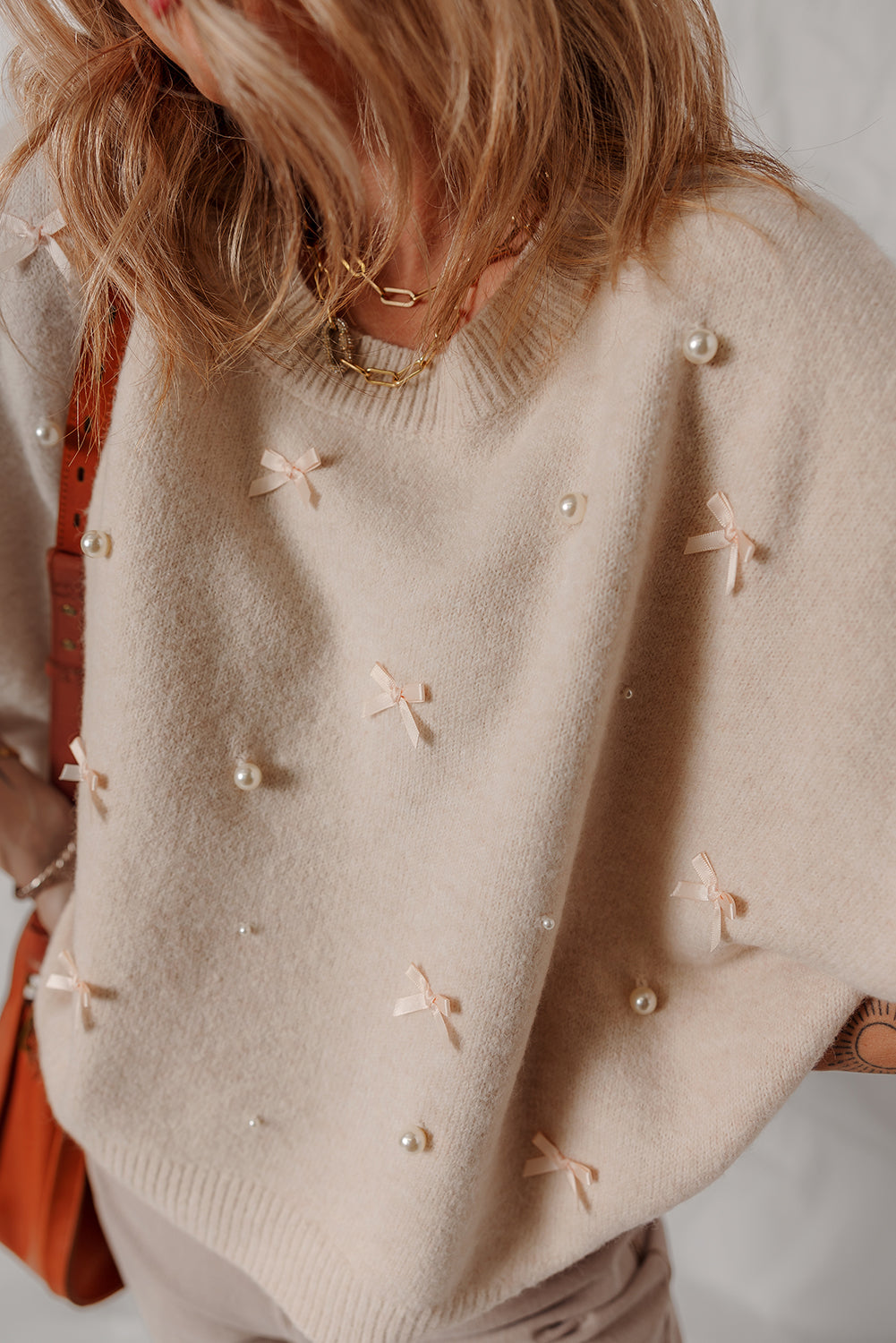 Oatmeal Pearl Bow Embellished Dolman Short Sleeve Sweater