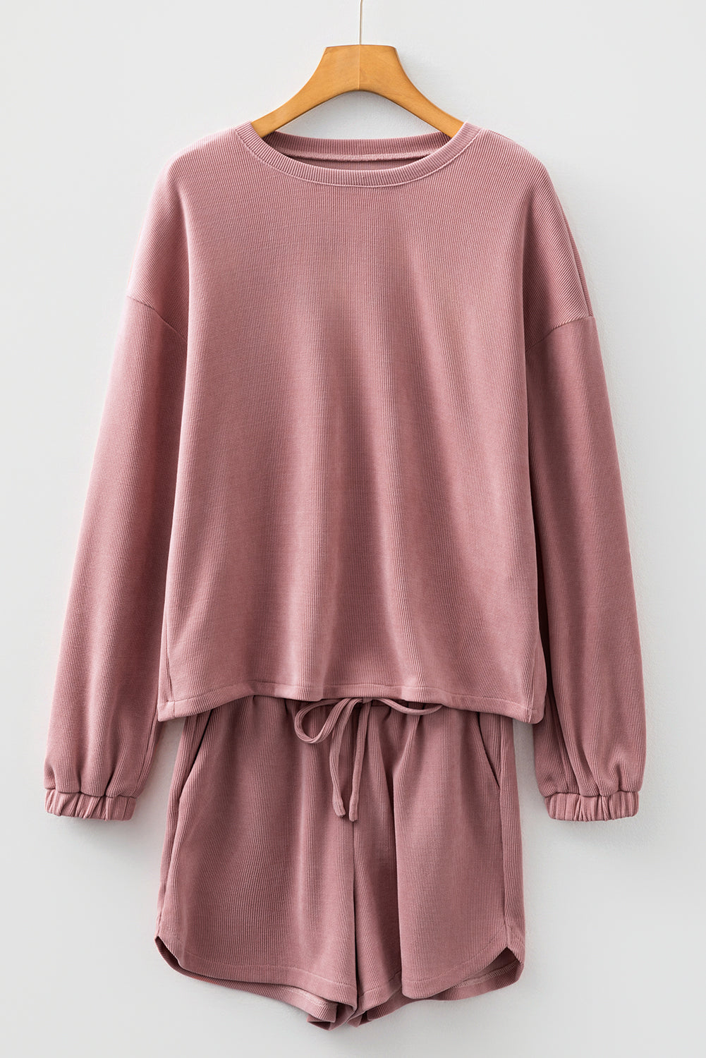 Black Textured Knit Drop Shoulder Pullover Drawstring Shorts Set