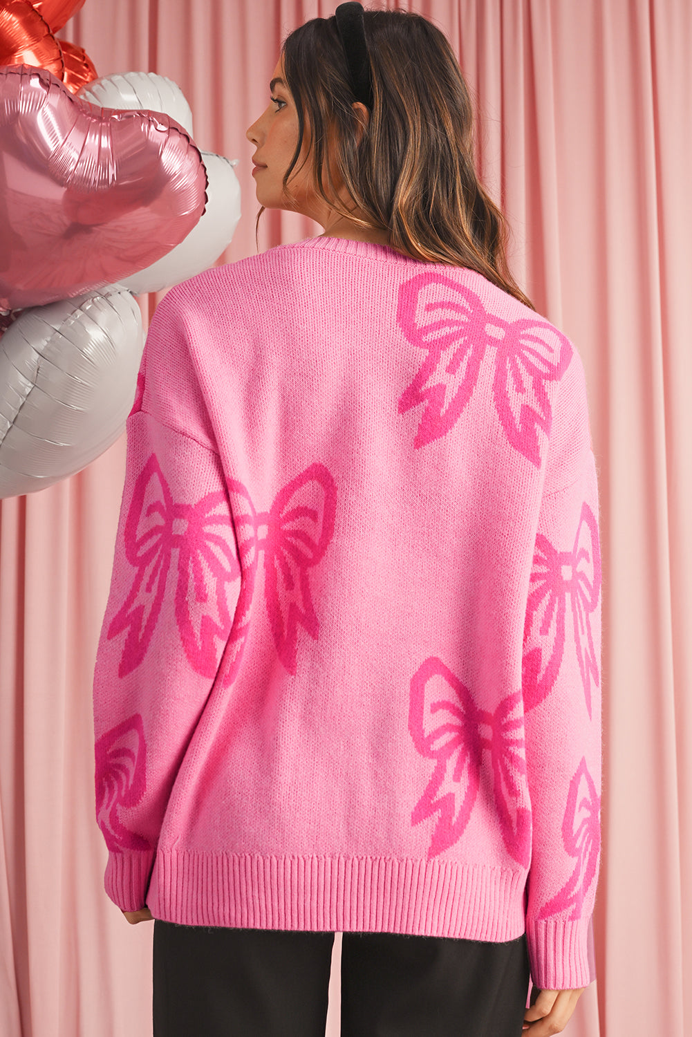White Bow Pattern Drop Shoulder Loose Sweater