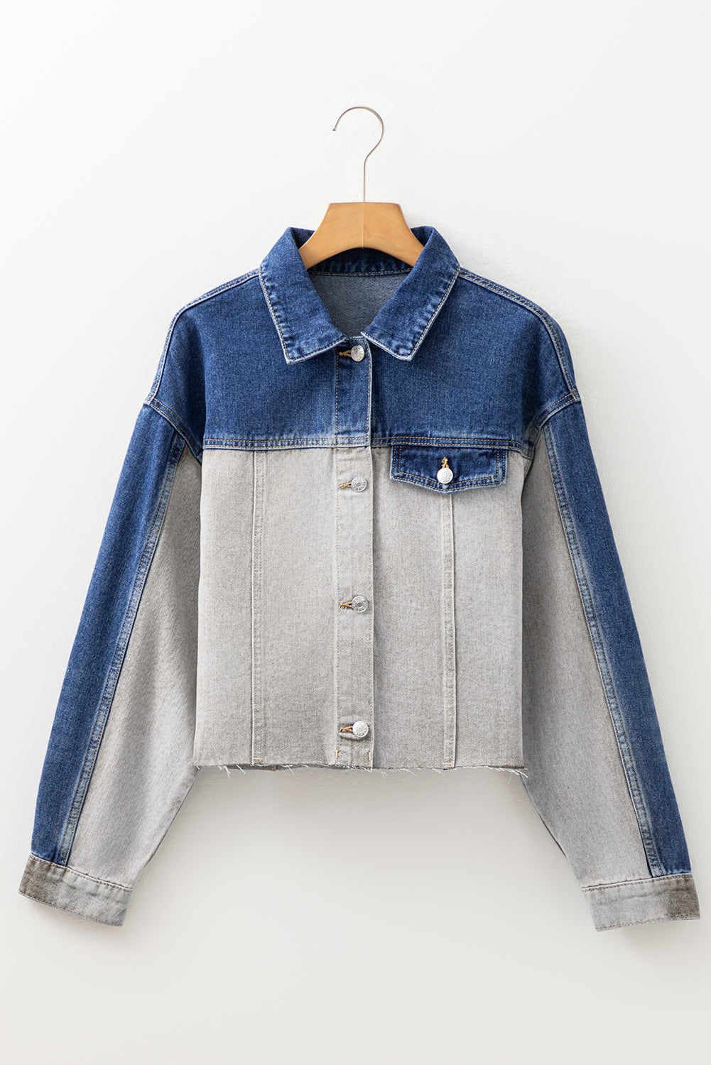 Dusk Blue Patchwork Flap Detail Distress Denim Jacket