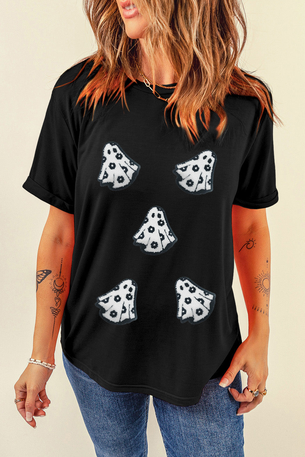 Black Halloween Playful Ghost Patched Cotton Blend T Shirt