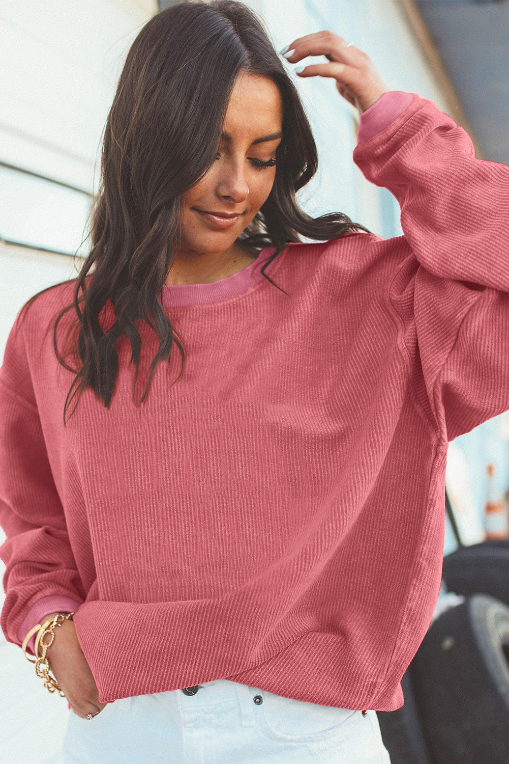 Dark Grey Drop Sleeve Rib Knit Oversized Sweatshirt