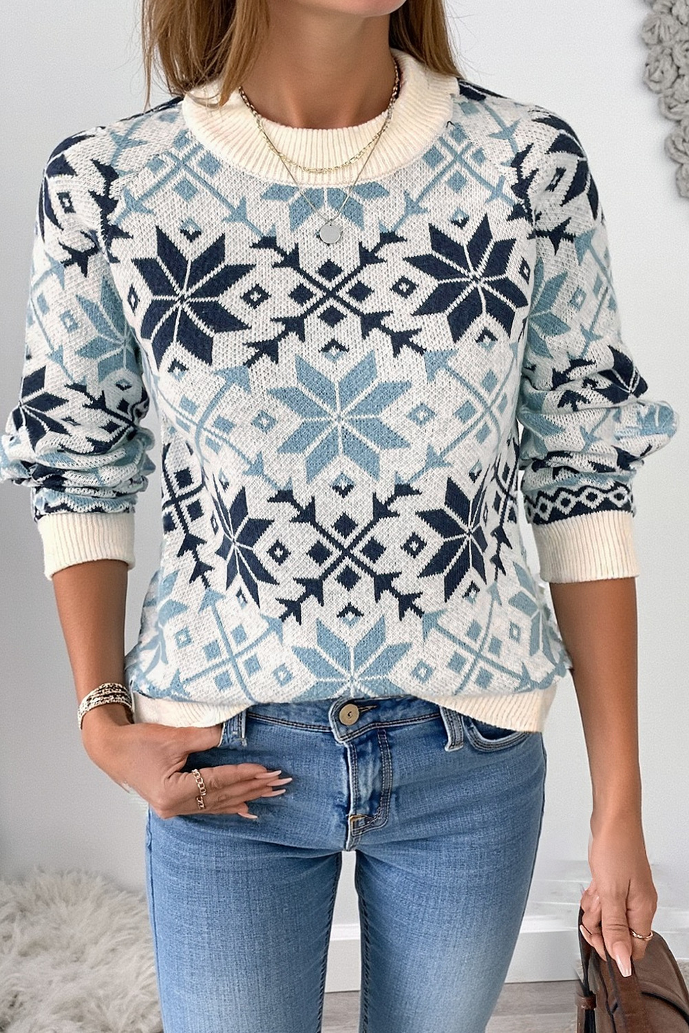 Sky Blue Snowflake Geometric Pattern Fashion Sweater