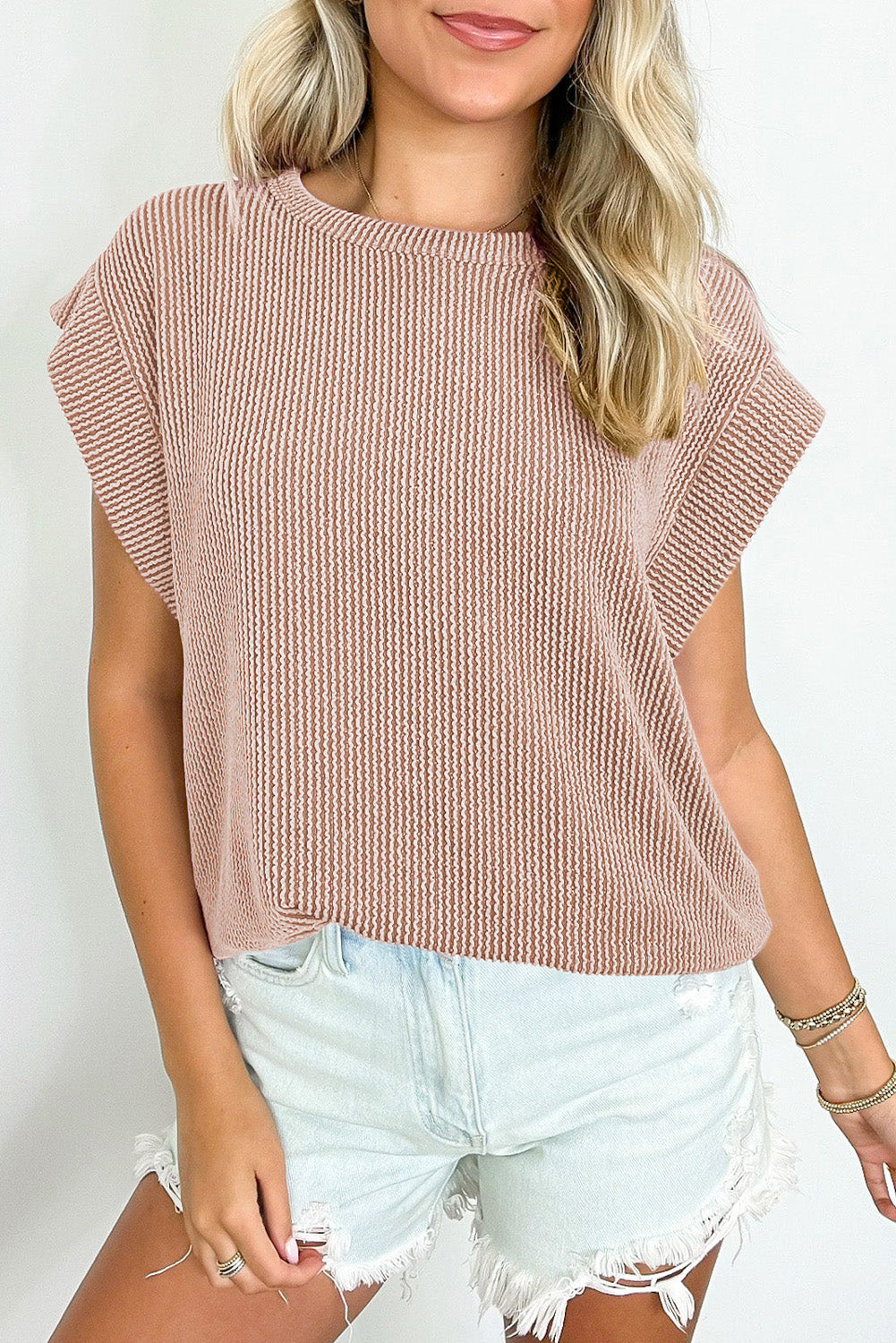 Gray Twisted Ribbed Textured Plain T Shirt