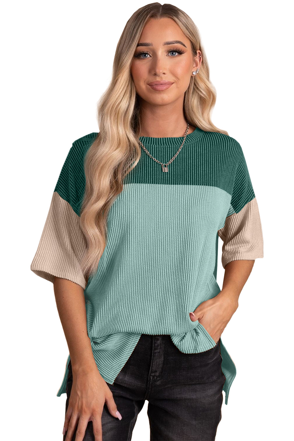 Black Color Block Ribbed Side Slits Half Sleeve Top