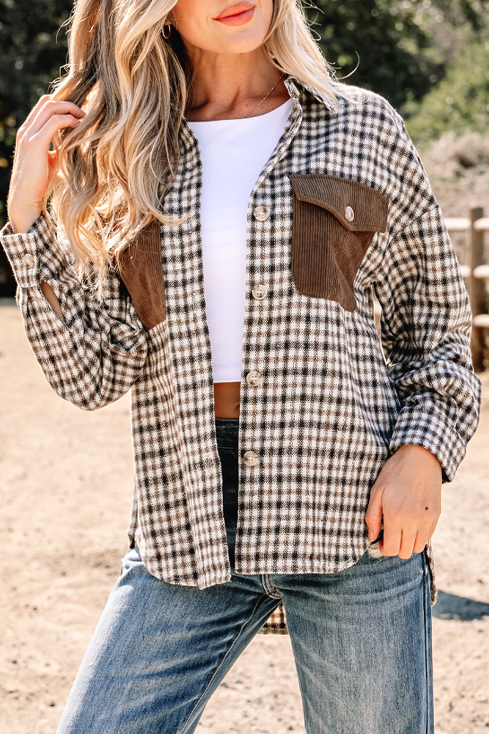 Green Contrast Corduroy Flap Pocket Patchwork Plaid Shacket