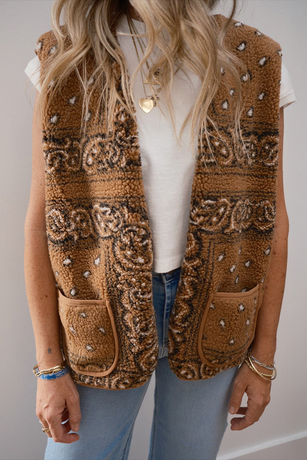 Beige Sherpa Paisley Print Pocketed Fashion Vest Jacket