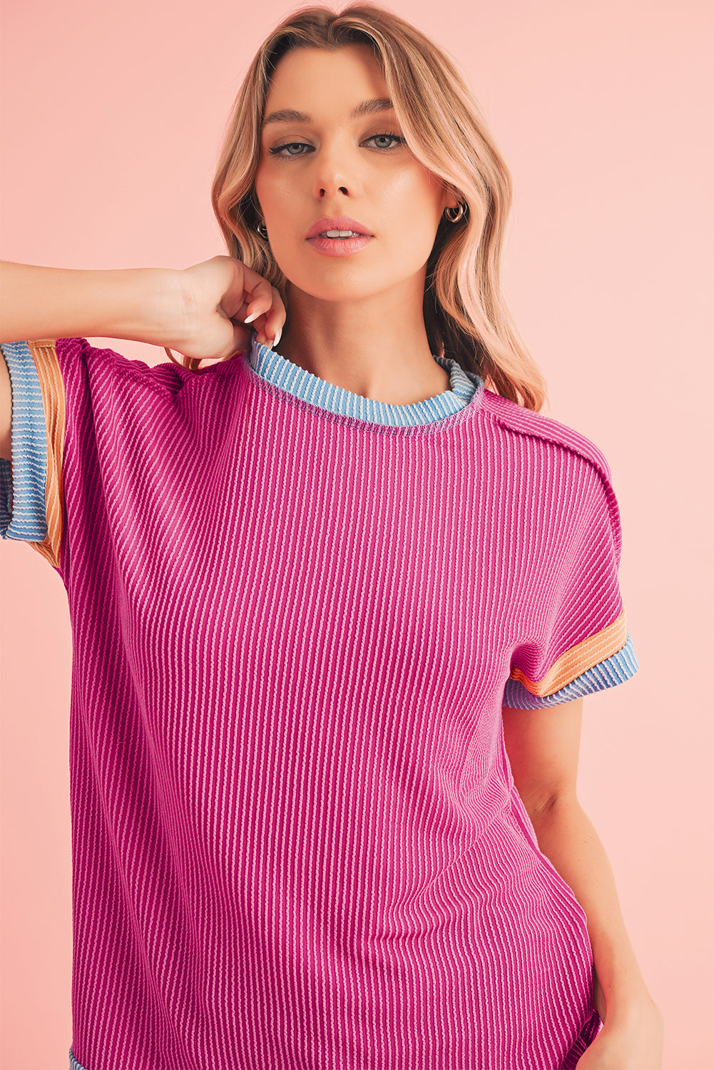 Sky Blue Textured Colorblock Round Neck T Shirt