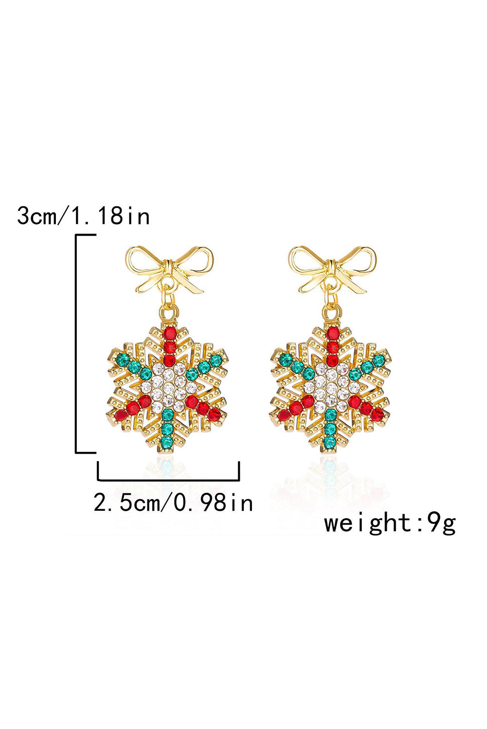 Gold Rhinestone Snowflake Bow Christmas Dangle Earrings