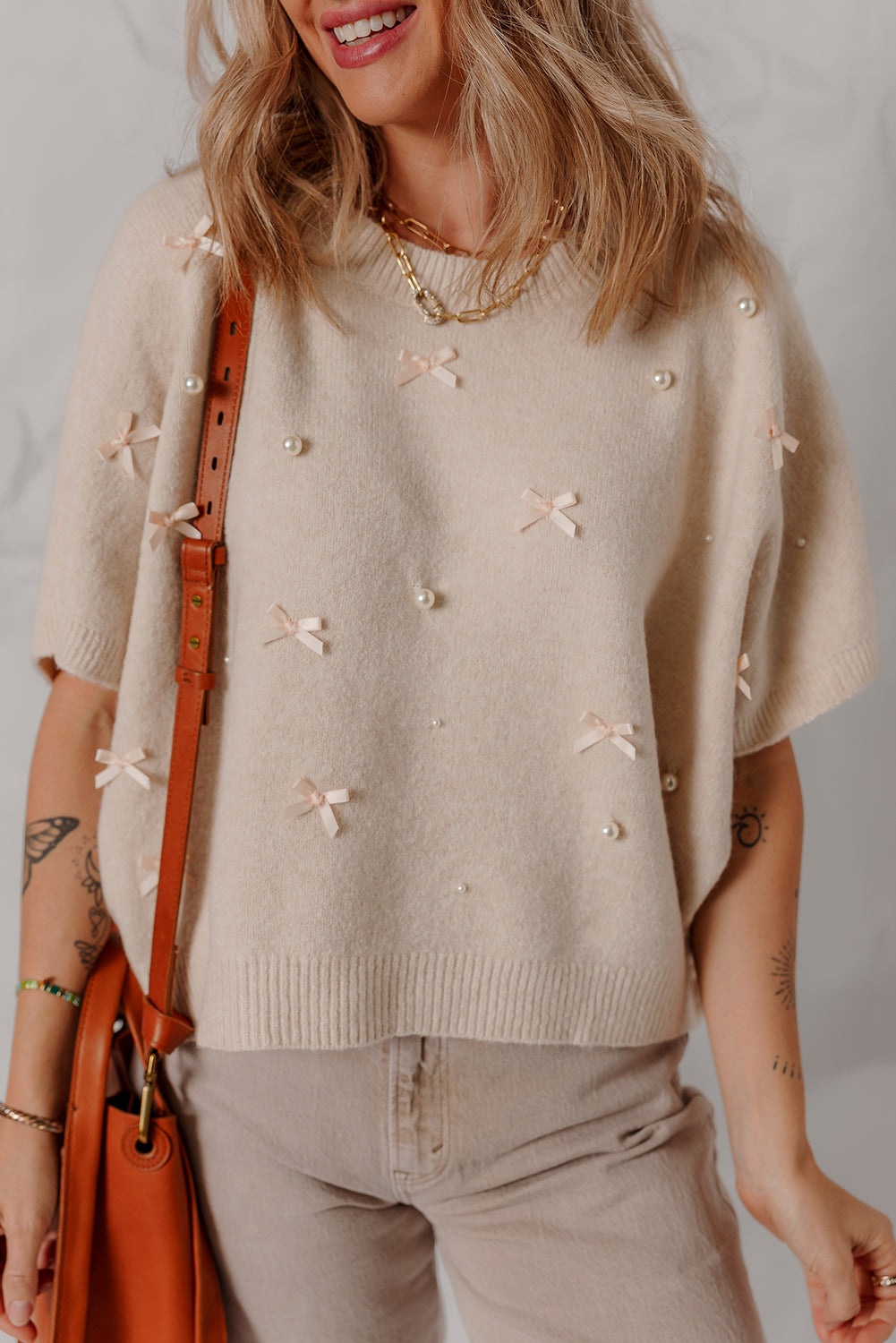 Oatmeal Pearl Bow Embellished Dolman Short Sleeve Sweater
