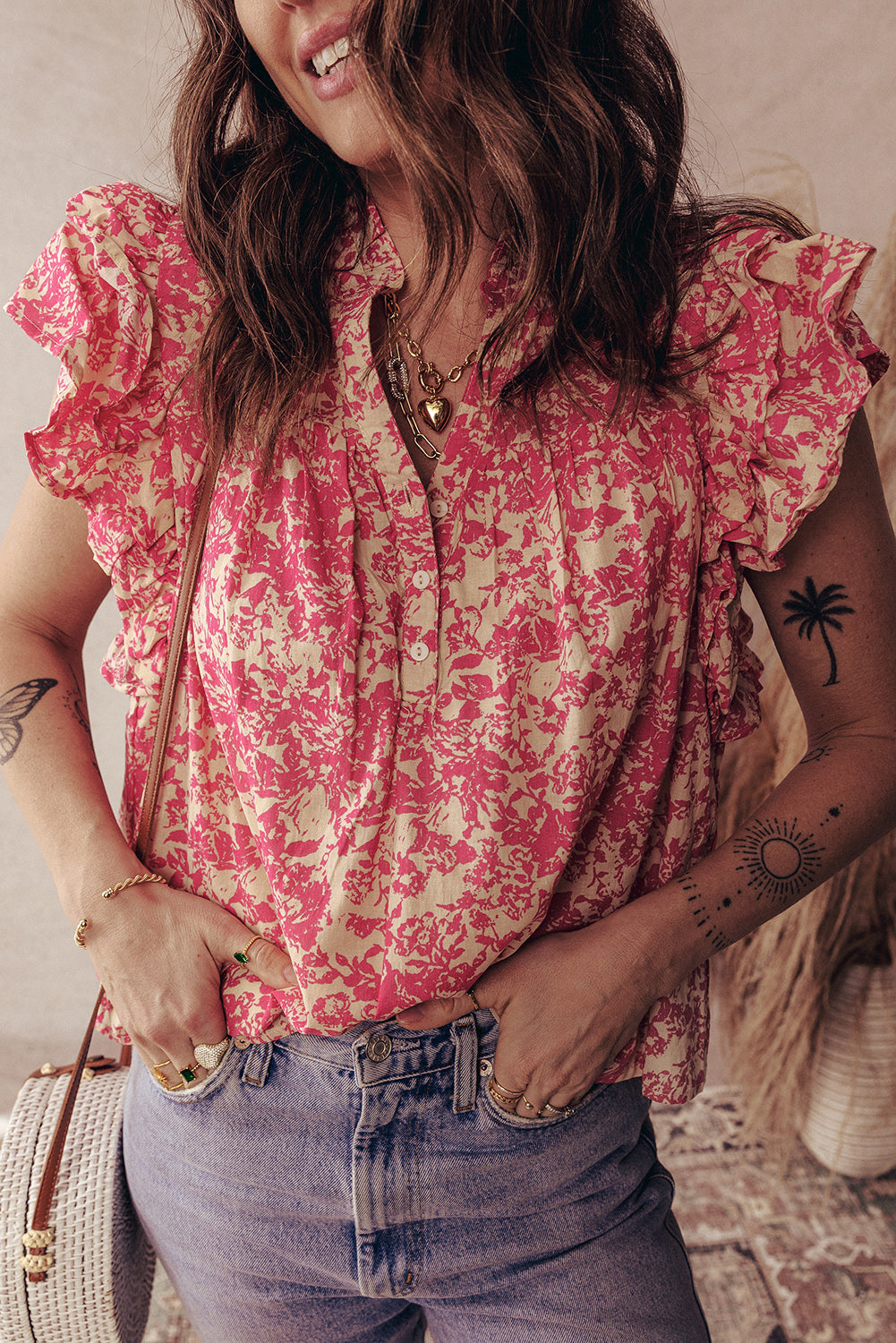 Rose Floral Print V Neck Ruffle Sleeve Blouse