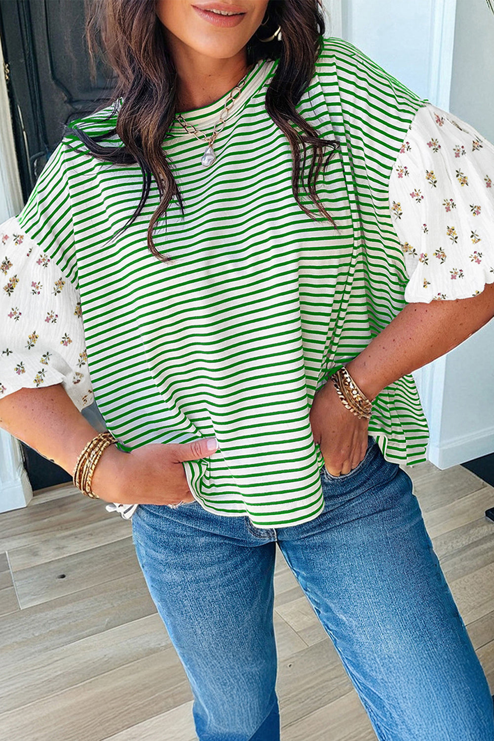 Green Stripe Floral Puff Sleeve Patchwork Round Neck Loose Top