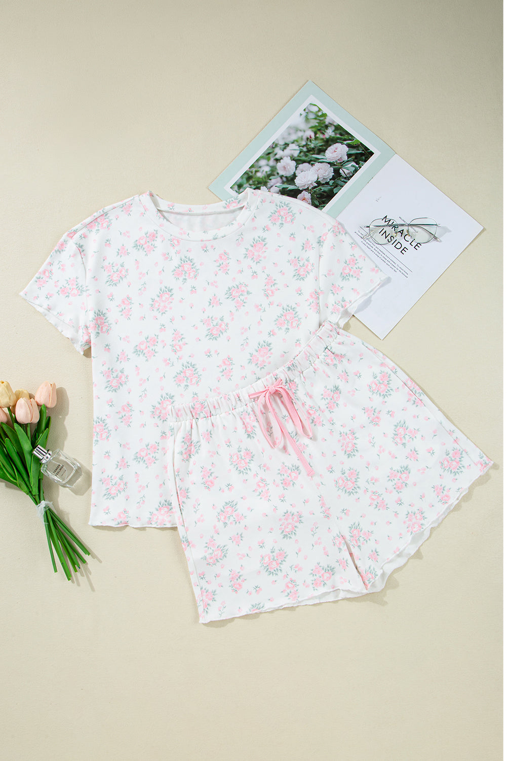 🌸 Pink Floral Lettuce‑Trim Pajama Set
