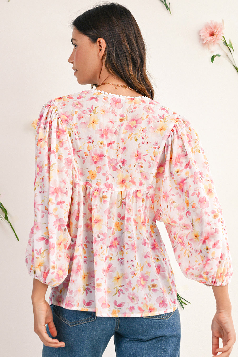 Pink Floral Print Tassel Tie Smocked V Neck Puff Sleeve Tunic Blouse