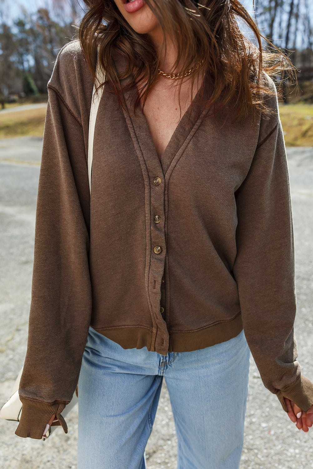 Coffee Button Front V Neck Casual Cardigan
