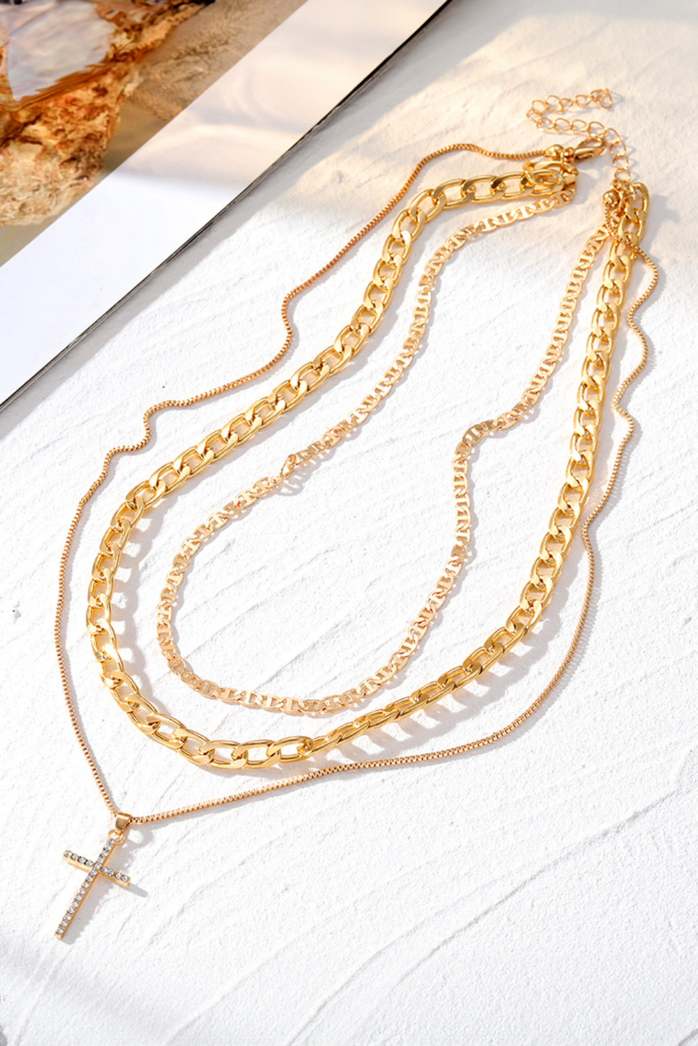 Silvery Rhinestone Cross Pendant Multi Layer Stacked Chain Necklace