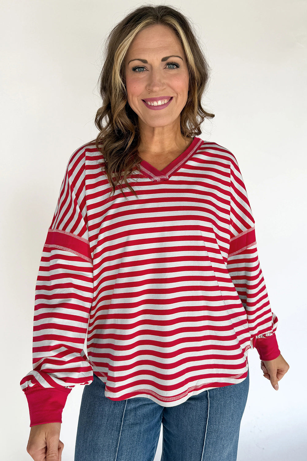 Red Striped Balloon Sleeve V Neck Blouse
