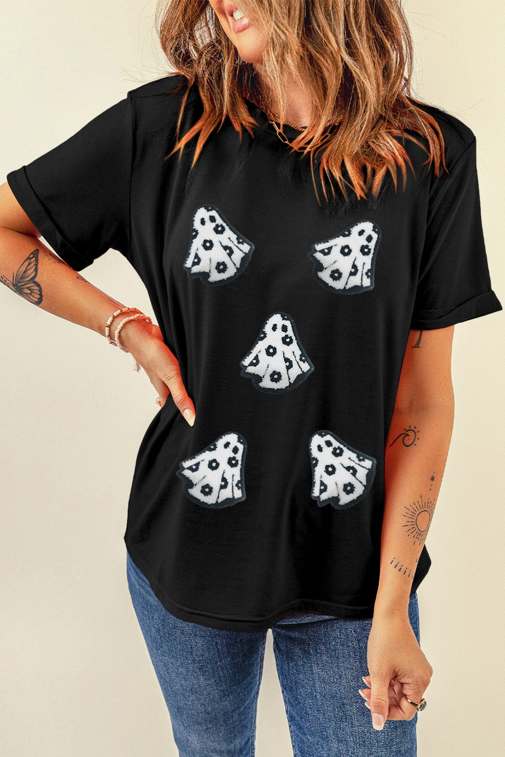Black Halloween Playful Ghost Patched Cotton Blend T Shirt