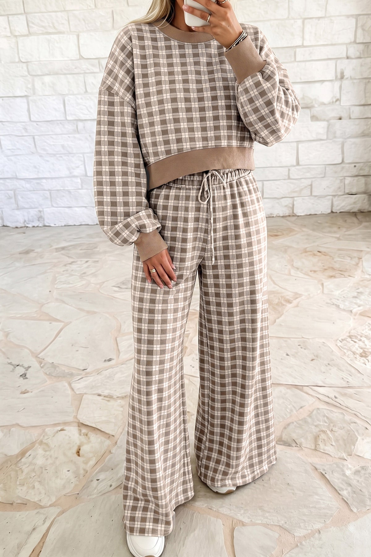 Pink Plaid Long Sleeve Drop Shoulder Top Ribbed Color Block Trim Two Piece Pant Set