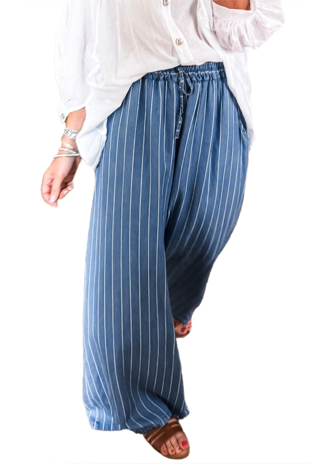 Sky Blue Stripe Chambray Wide Leg Tied Elastic Waist Trousers