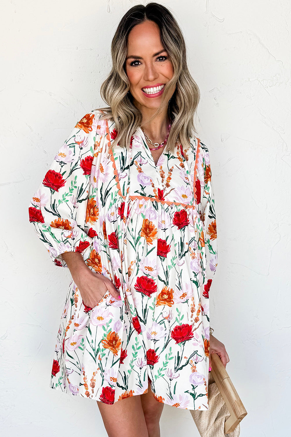 Beige Floral Print 3/4 Puff Sleeve Ricrac Trim Mini Dress