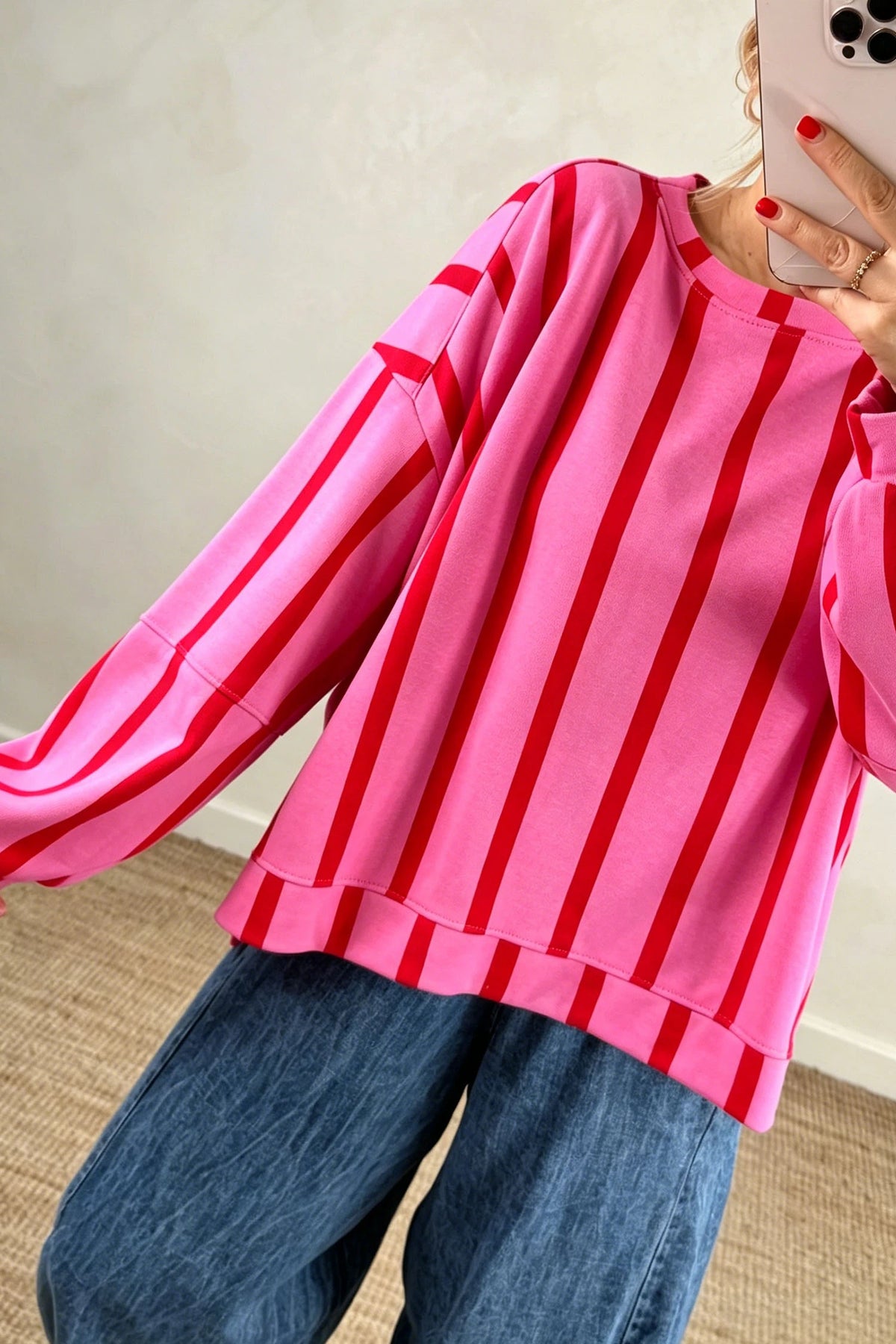 Pre-Order Red Stripe Dropped Shoulder Round Neck Casual Sweatshirt