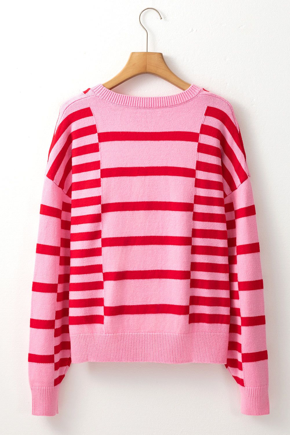 Pink Striped Crewneck Drop Sleeve Knit Sweater