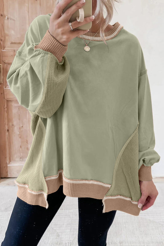 Smoke Green Colorblock Waffle Patchwork Oversize Sweatshirt