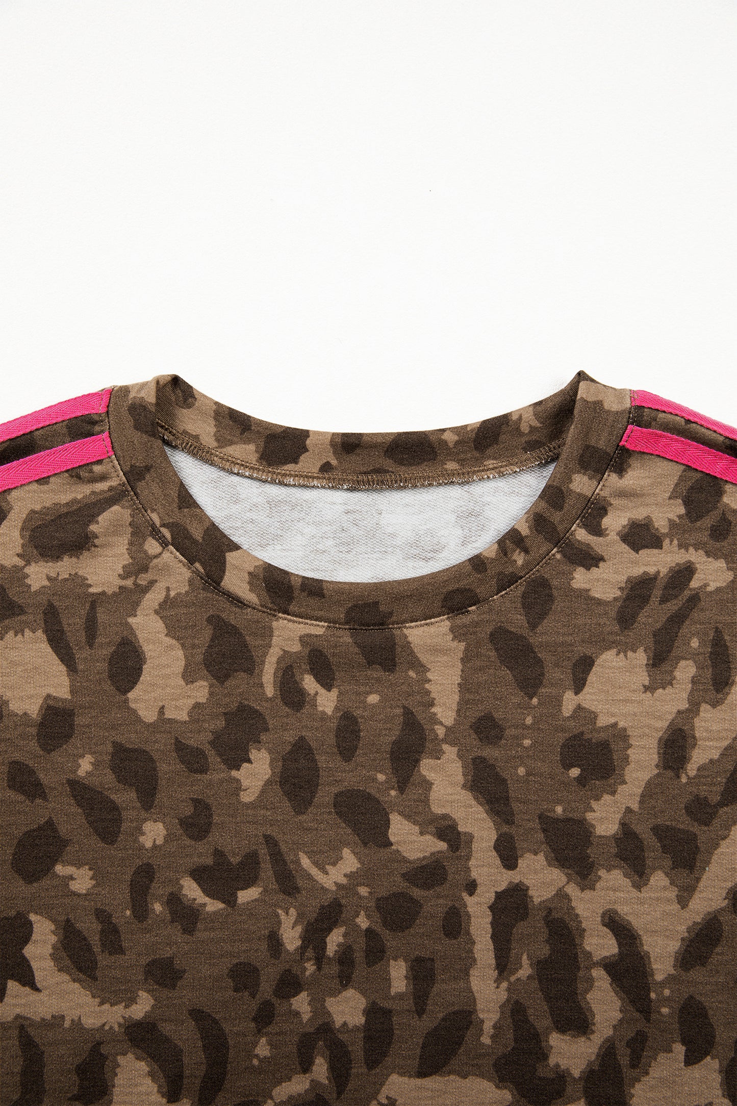 Brown Loose Contrast Striped Accent Leopard T Shirt Mini Dress with Pockets