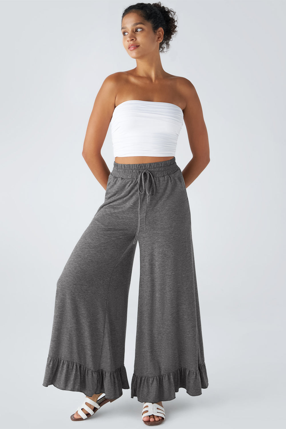 Dune Solid Color Ruffle Hem Wide Leg Pants