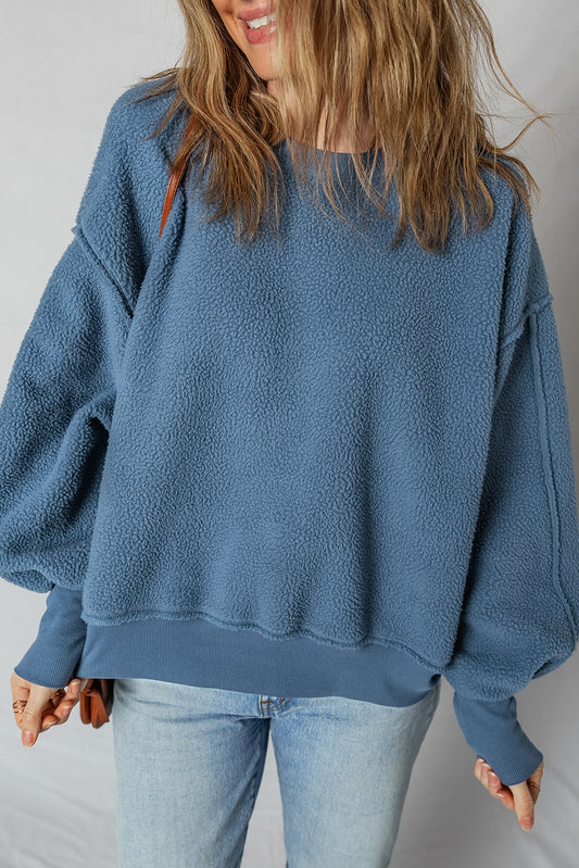 Sail Blue Fleece Drop Shoulder Exposed Seam Patchwork Sweatshirt