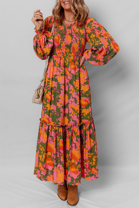 Orange Floral Puff Sleeve Smocked Bodice Frill Tiered Dress