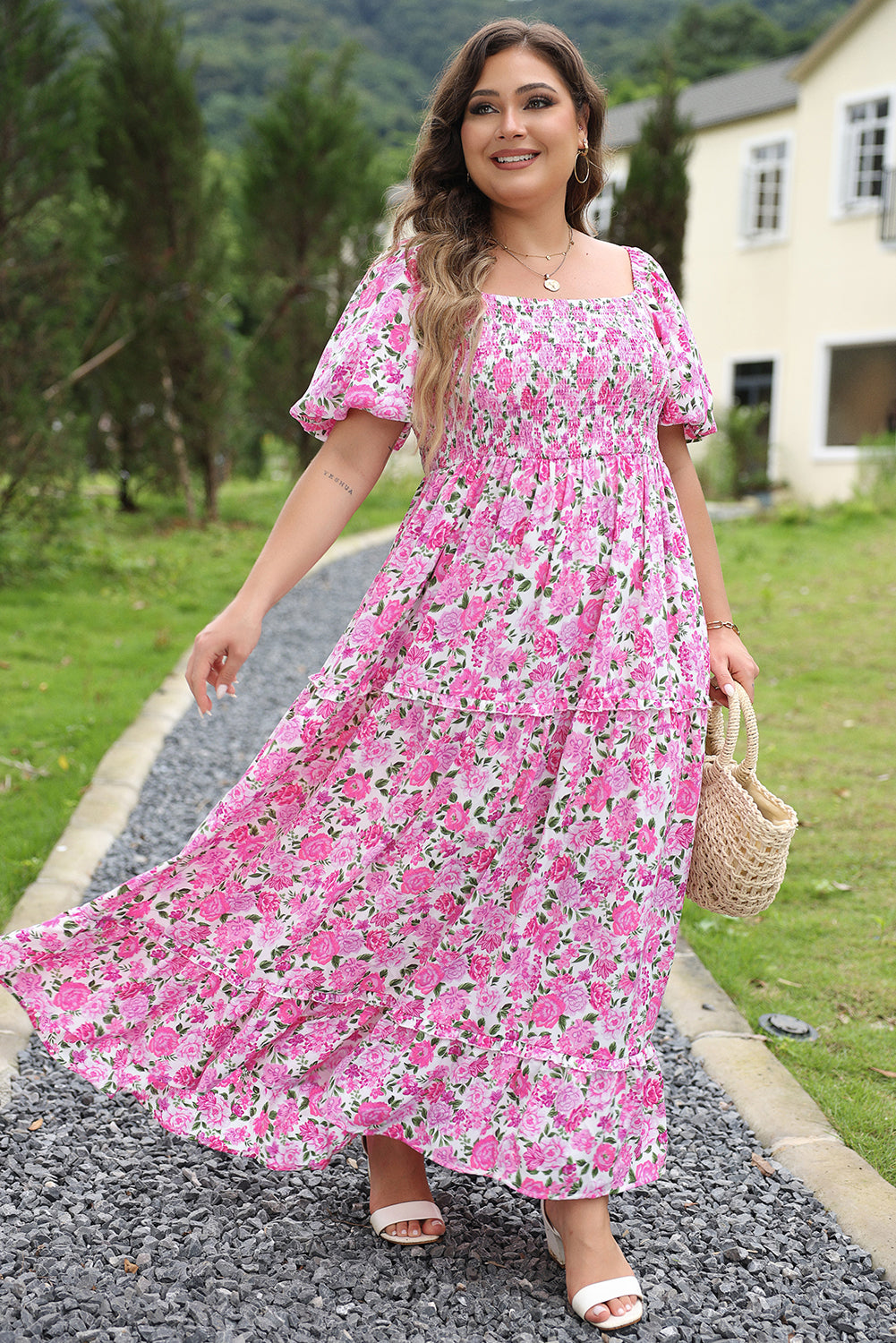 Pink Plus Size Floral Print Smocked Puff Sleeve Maxi Dress