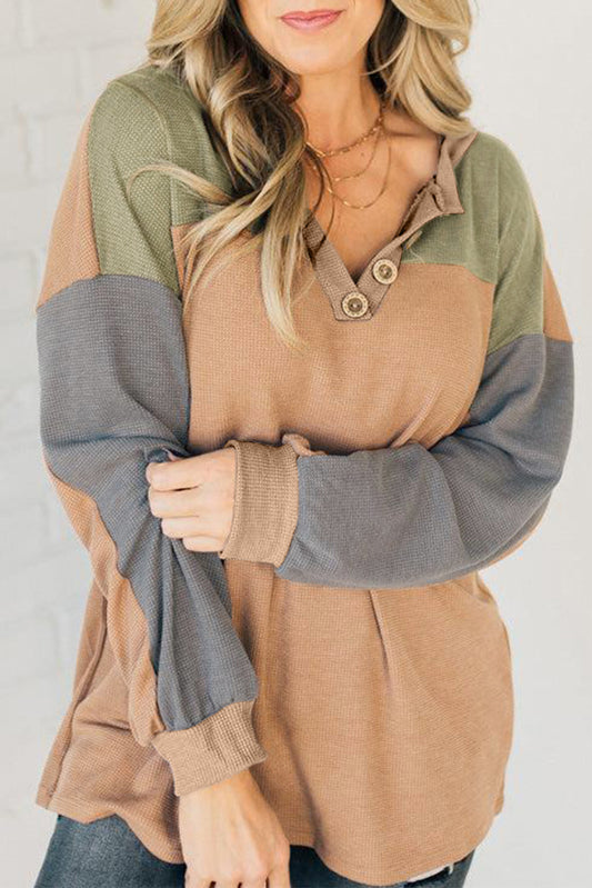 Buckskin Colorblock Thermal Waffle Knit Drop Shoulder Henley Top