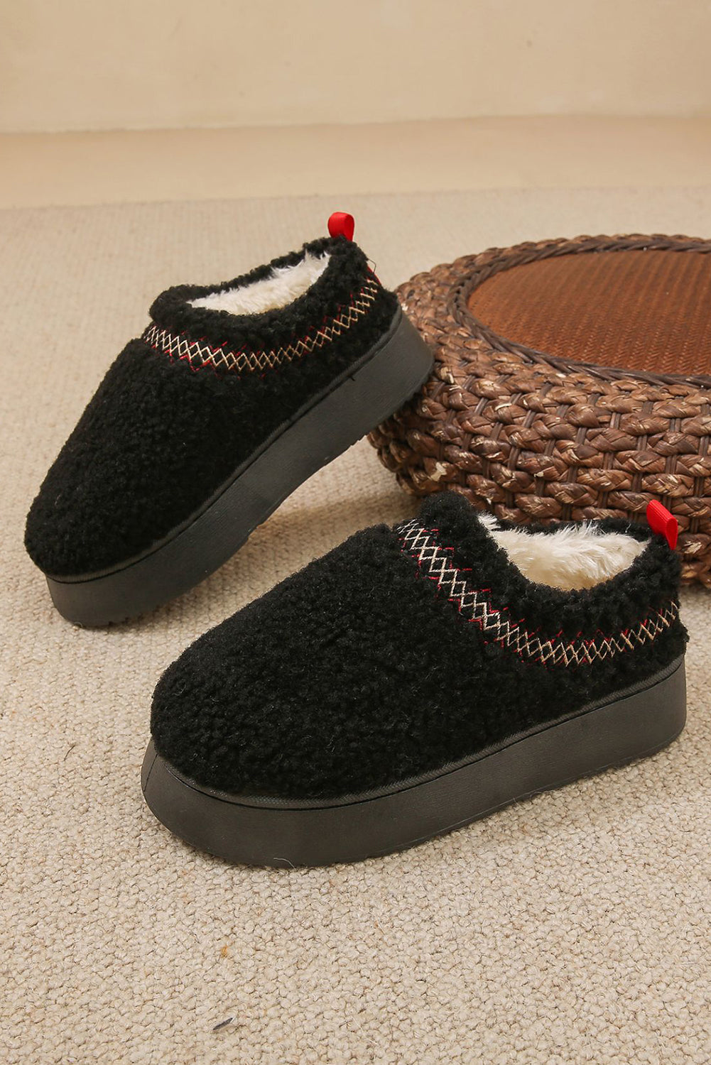 Black Contrast Edge Plush Thick Sole Slippers