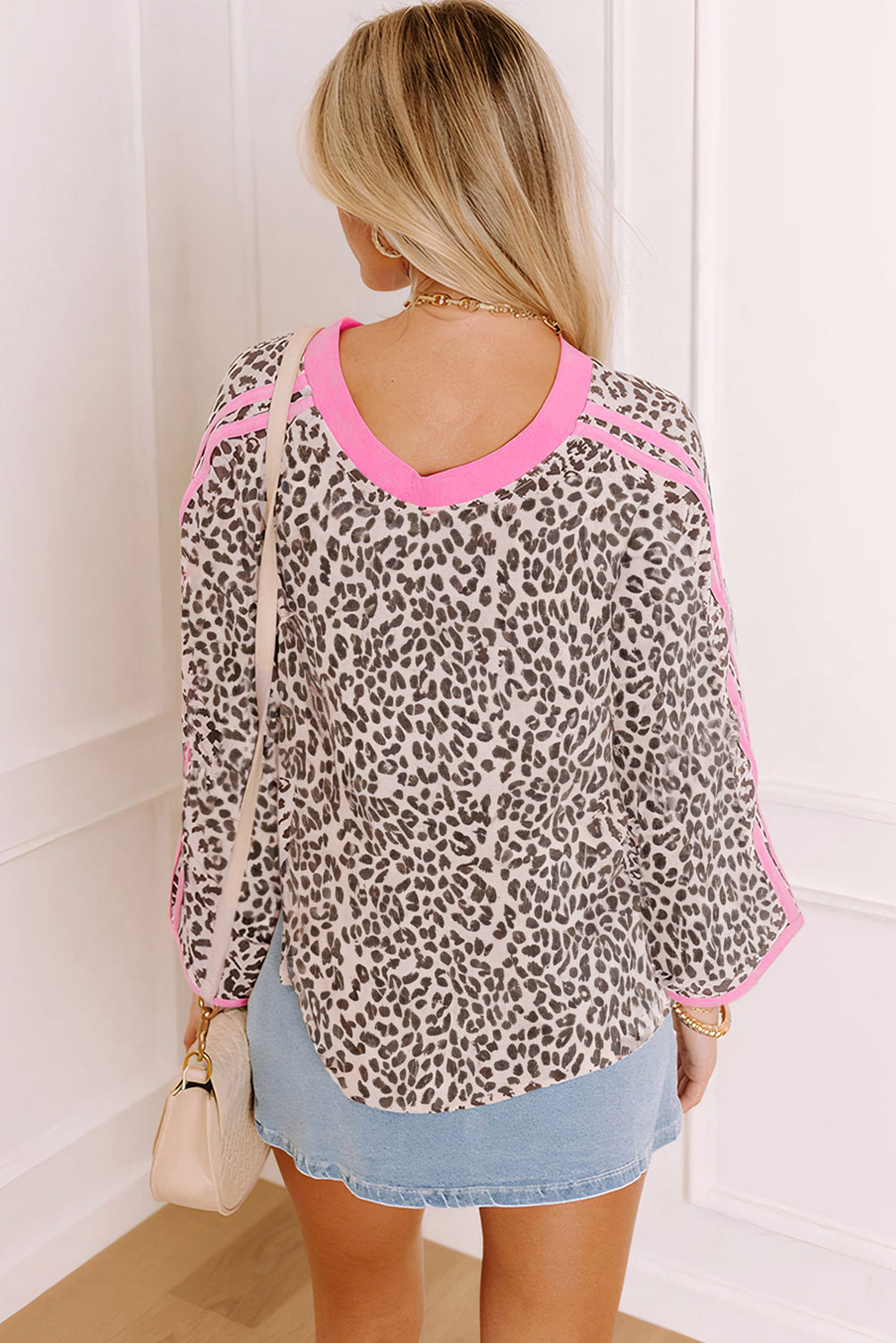Khaki Leopard Print Contrast V Neck Varsity Stripe Detail Long Sleeve Top