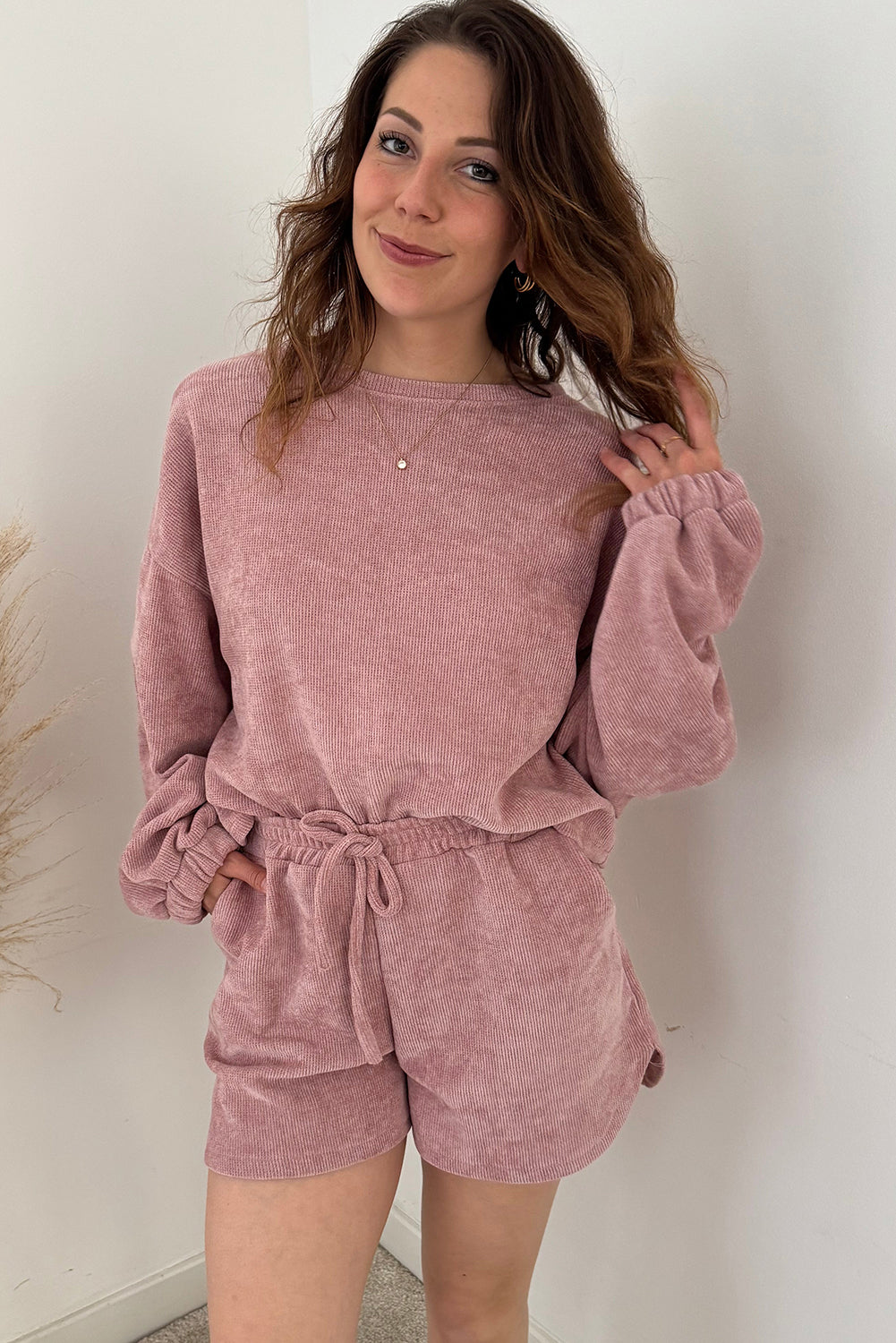 Black Textured Knit Drop Shoulder Pullover Drawstring Shorts Set