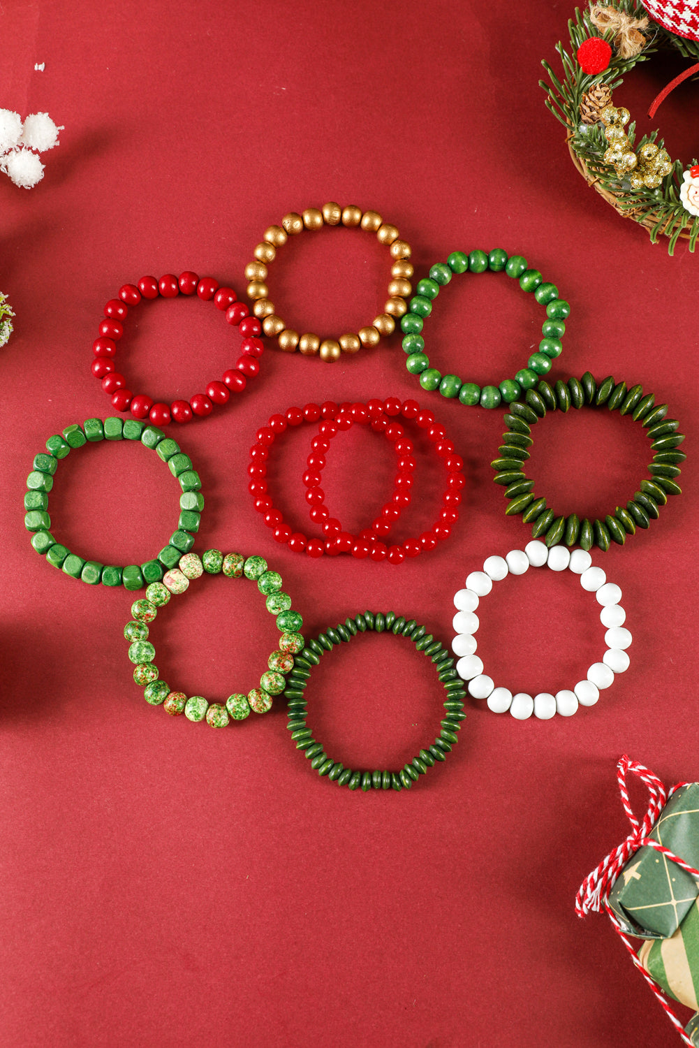 Fiery Red Christmas 10pcs Beaded Stackable Bracelet Set